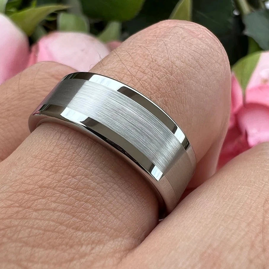 6mm & 8mm Silver Centre Brushed & Polished Edges Tungsten Rings