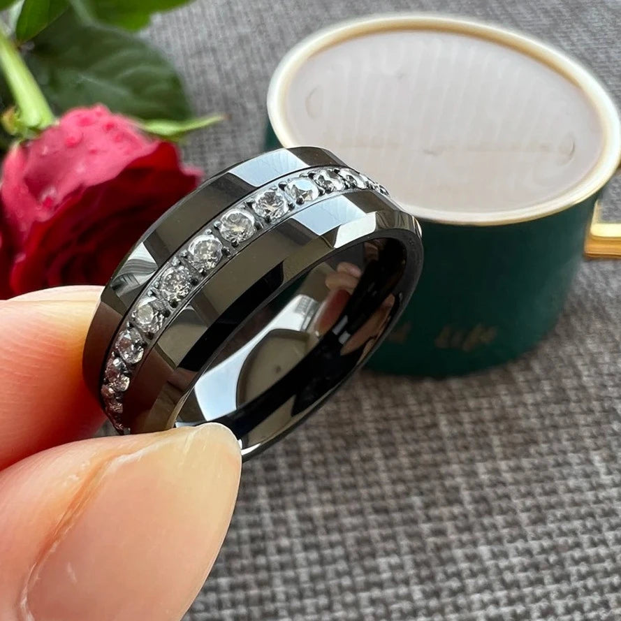 8mm Paved Cubic Zirconia Stone Inlay Beveled Edges Black Tungsten Men's Ring (2 Colors)
