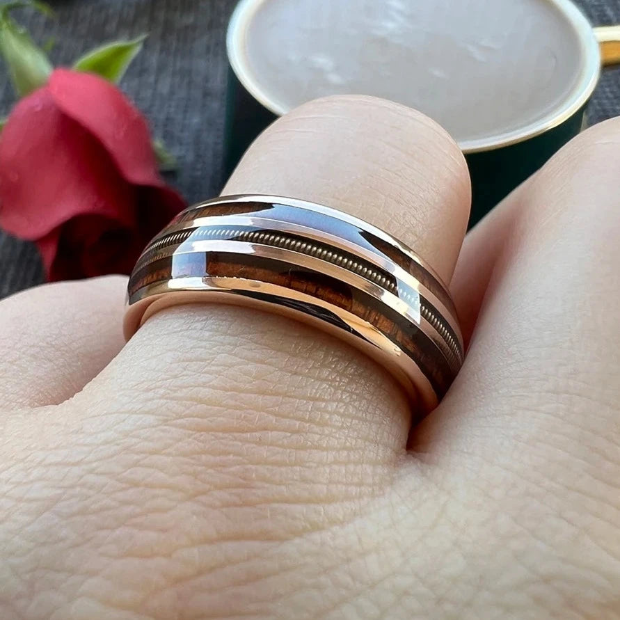8mm Guitar String & Real Wood Inlay Rose Gold Tungsten Unisex Ring
