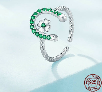 Irish Green Shiny Zircon Horseshoe & Four Leaf Clover 925 Sterling Silver Adjustable Women's Ring