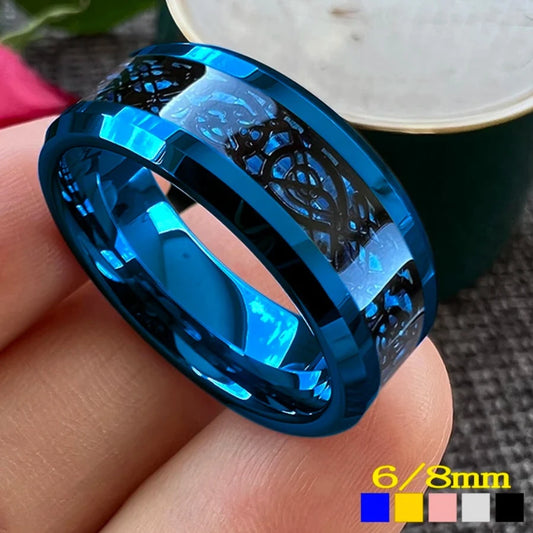 8mm Black Dragon Blue Tungsten Men's Ring (5 Colors)