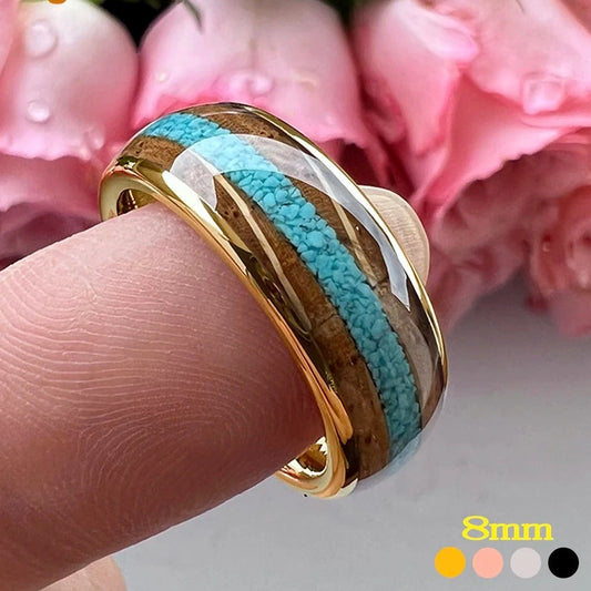 8mm Crushed Turquoise Inlay & Whisky Wood Gold Men's Rings