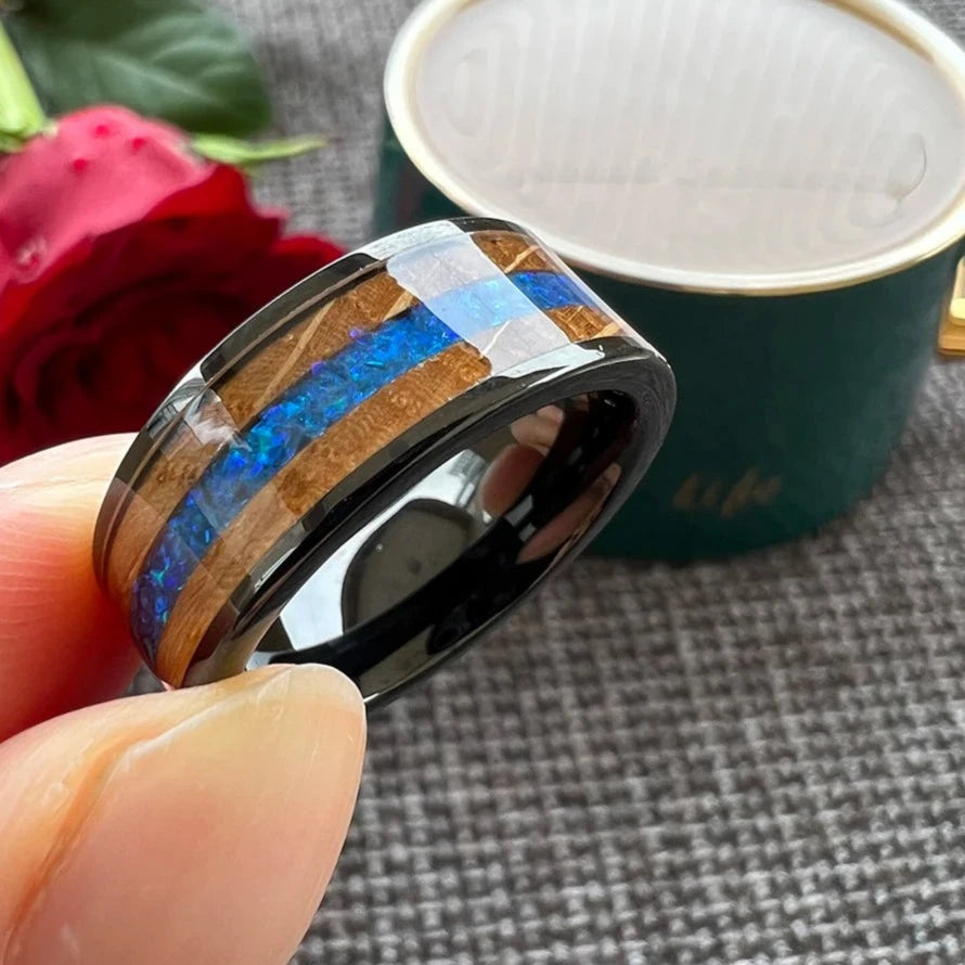 8mm Blue Opal & Whisky Barrel Wood Inlay Black Tungsten Men's ring (3 Colors)