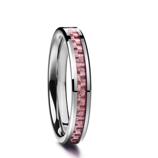 4mm Pink Carbon Fiber & Polished Silver Tungsten Unisex Ring