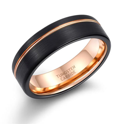 6mm, 8mm Rose Gold Inlay Groove & Black Brushed Tungsten Unisex Rings