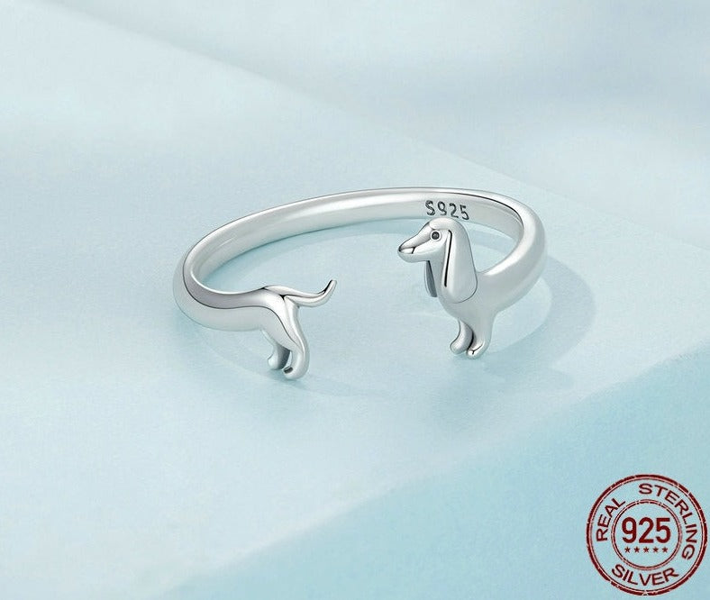 Cute Dachshund Dog 925 Sterling Silver Adjustable Women's Ring (4 Colors)