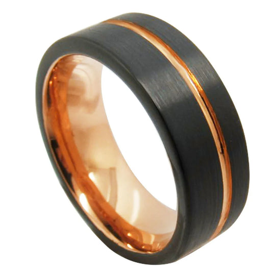 6mm, 8mm Rose Gold Inlay Groove & Black Brushed Tungsten Unisex Rings