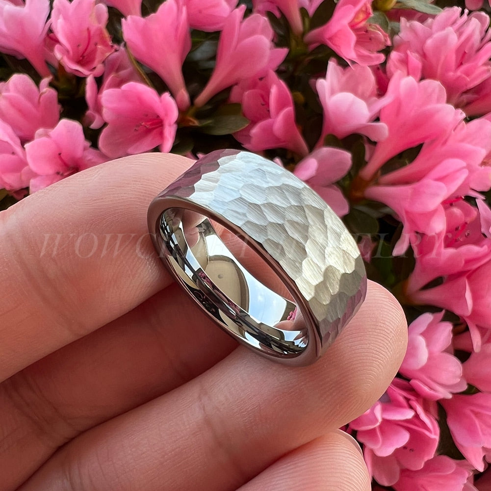 6mm, 8mm Flat Hammered Silver Tungsten Unisex Ring