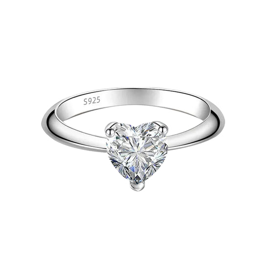 Women's Heart Cut Lab-Created Stone Ring — Silver-Finish Solitaire Engagement Band
