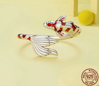 Red Koi Lucky Fish 925 Sterling Silver Adjustable Women's Ring