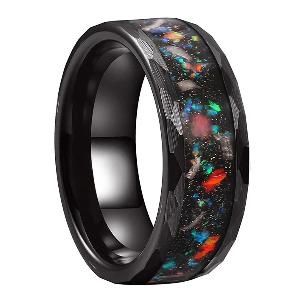 8mm Galaxy Opal Inlay Hammered Edges Silver Tungsten Men's Ring (2 Colors)