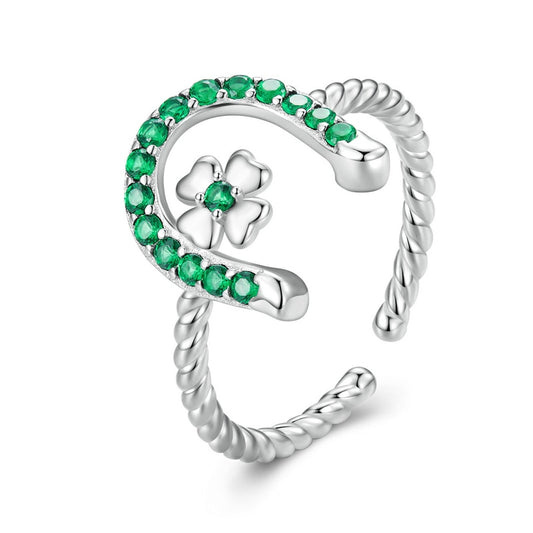 Irish Green Shiny Zircon Horseshoe & Four Leaf Clover 925 Sterling Silver Adjustable Women's Ring