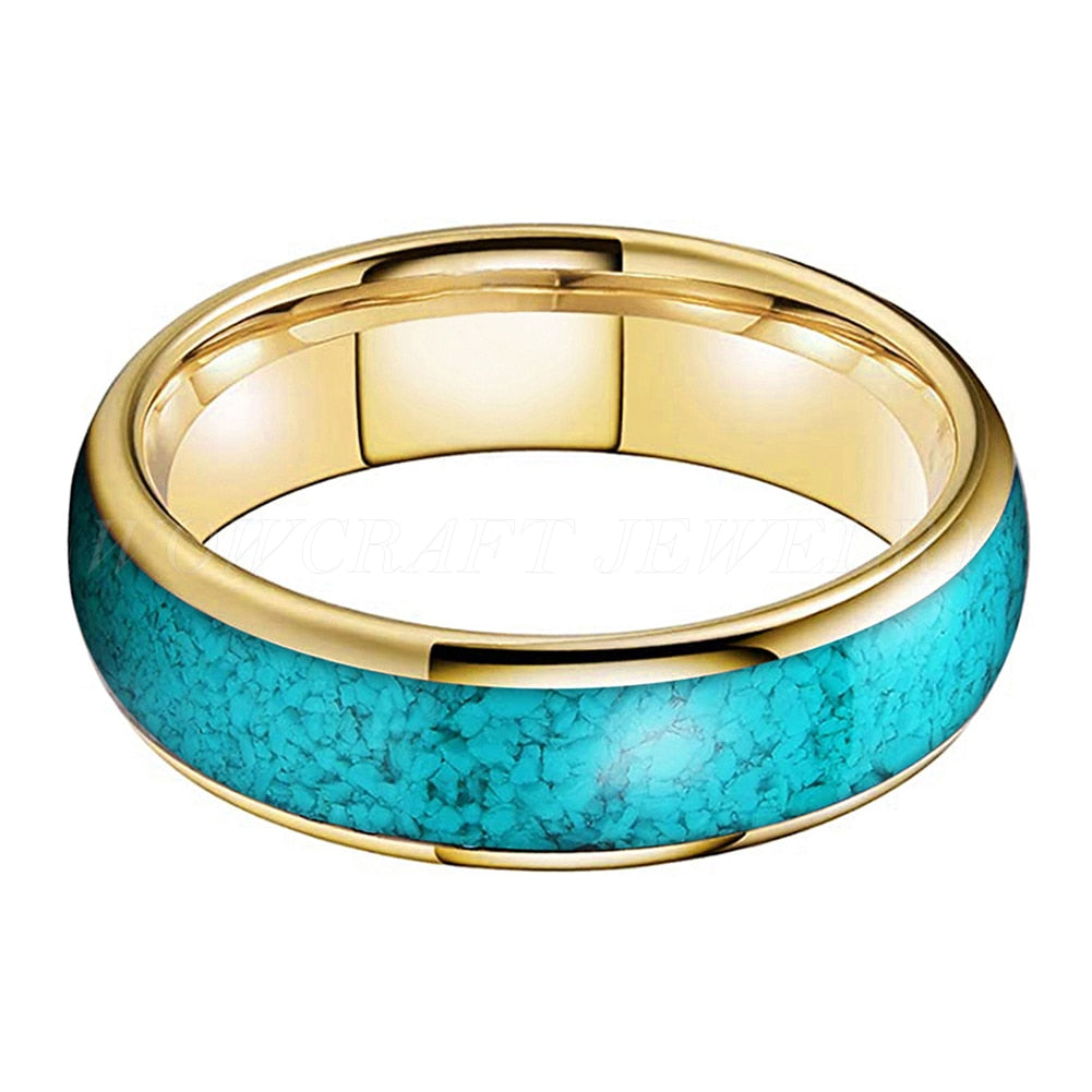 4mm, 6mm, 8mm Crushed Turquoise Inlay Gold Color Tungsten Unisex Ring