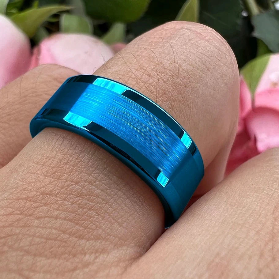 6mm & 8mm Royal Blue Centre Brushed & Polished Edges Tungsten Rings