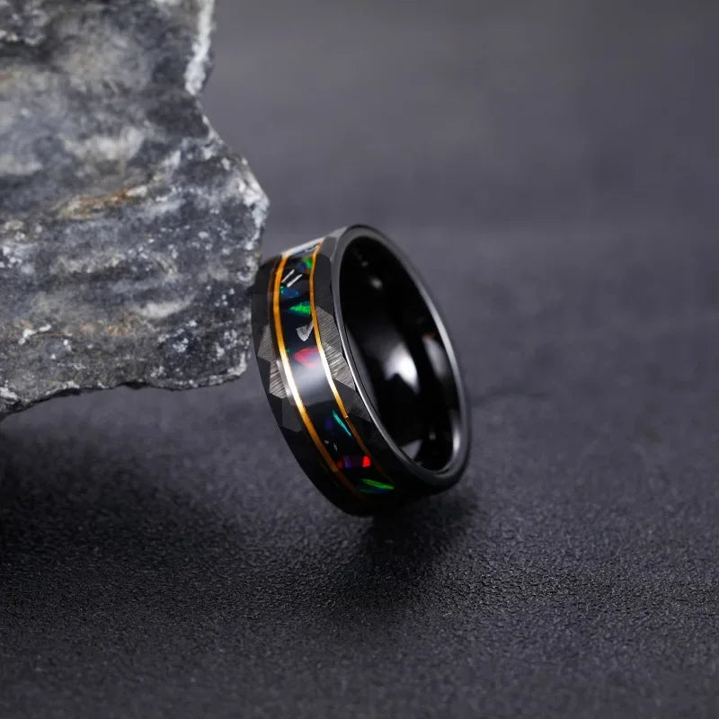 8mm Opal & Metal Slag Inlay Rose Gold Border Hammered Edges Black Tungsten Men's Ring