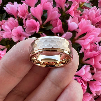 6mm, 8mm Hammered Tungsten Unisex Rose Gold Rings