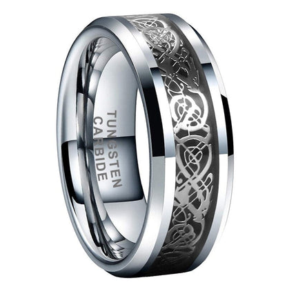 8mm Celtic Dragon Inlay Silver Men's Ring