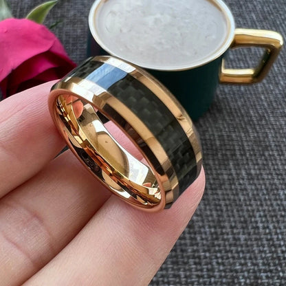 8mm Black Carbon Fiber Polished Gold Tungsten Men's Ring (5 Colors)