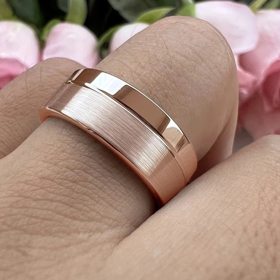 6mm & 8mm Rose Gold Color Offset Groove Two Tone Tungsten Unisex Rings