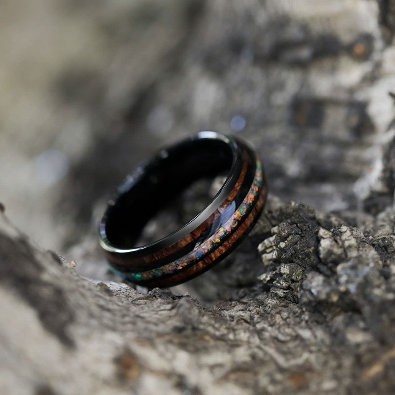 8mm Hawaiian Koa Wood & Opal Unisex Black Tungsten Men's Rings
