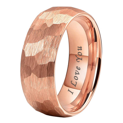 4mm, 6mm or 8mm I Love You Engraved Hammered Rose Gold Tungsten Unisex Ring