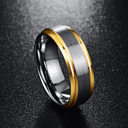 8mm Brushed Metallic Silver & Golden Edge Tungsten Unisex Ring