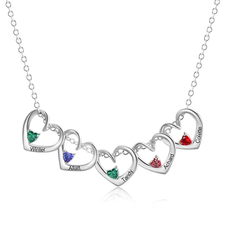 Stainless Steel Interlinked Heart Necklace – 1 to 5 Name Engravings with Birthstones (Women’s) - Necklaces