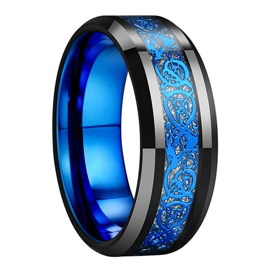 8mm Celtic Blue Dragon & Black Tungsten Men's Ring