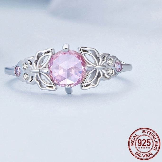Hollow-out Butterflies & Pink Zircon 925 Sterling Silver Women's Ring