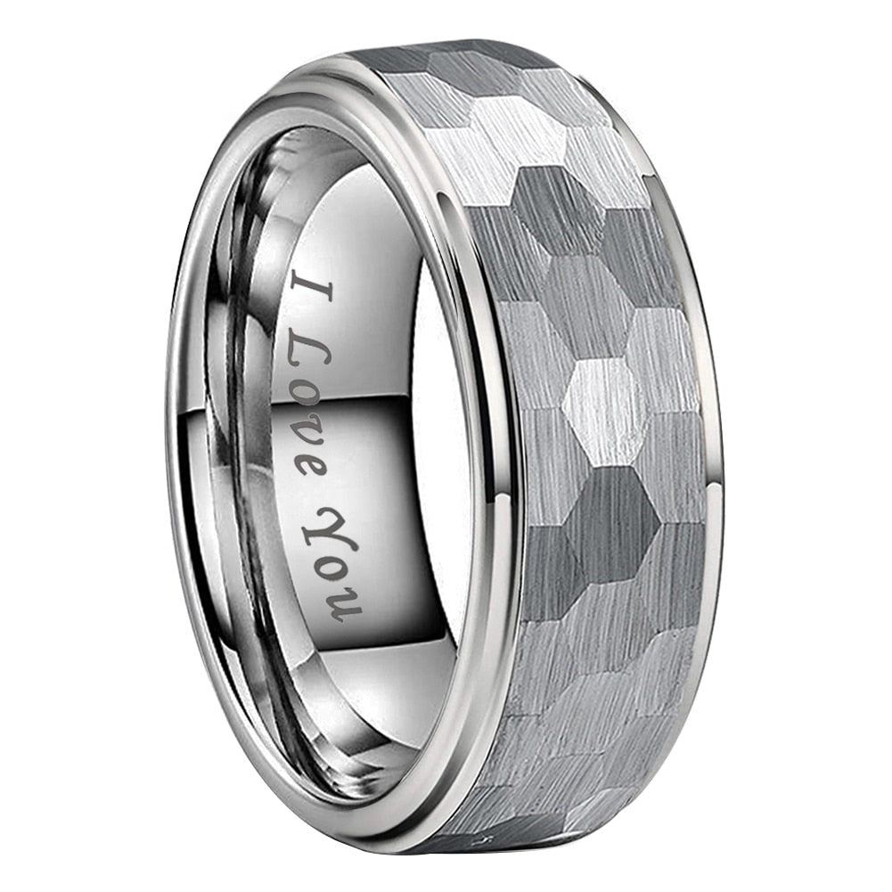 6mm, 8mm I Love You Engraved Hammered Tungsten Silver Unisex Ring