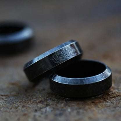 8mm Vintage Viking Dragon & Runes Black Titanium Unisex Ring (2 Styles)