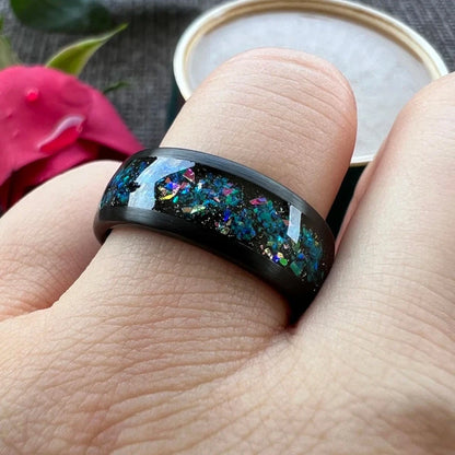 8mm Galaxy Opal Black Tungsten Unisex Ring