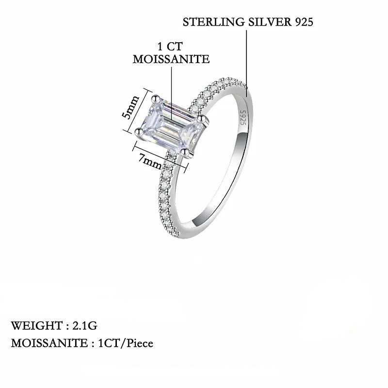 Silver ring with moissanite gemstone and measurement details on a white background