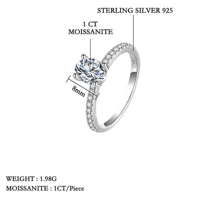 Silver ring with moissanite gemstone and product details on a white background
