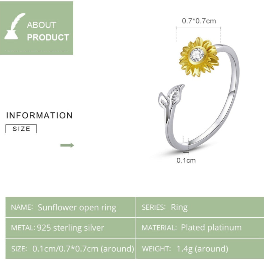Adjustable Sterling Silver Sunflower Ring – Joy, Hope & Light Symbol (Women’s) - Promise Rings