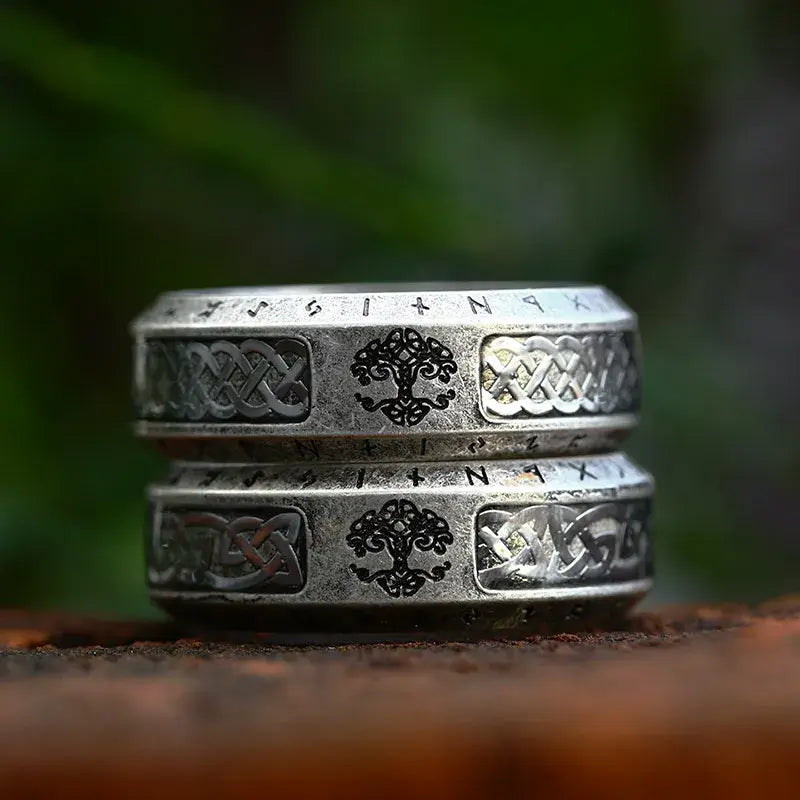 8mm Stainless Steel Tree of Life Celtic Knot Viking Runes Ring – Symbol of Strength and Heritage (Unisex) - Promise Rings