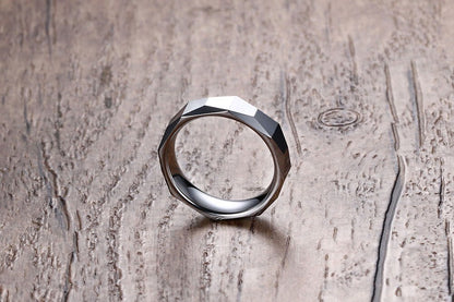 5.5mm Unique Multi-Faceted Silver Tungsten Unisex Ring