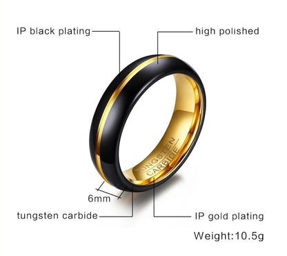 6mm Black & Gold Color Inlay Groove Tungsten Unisex Ring