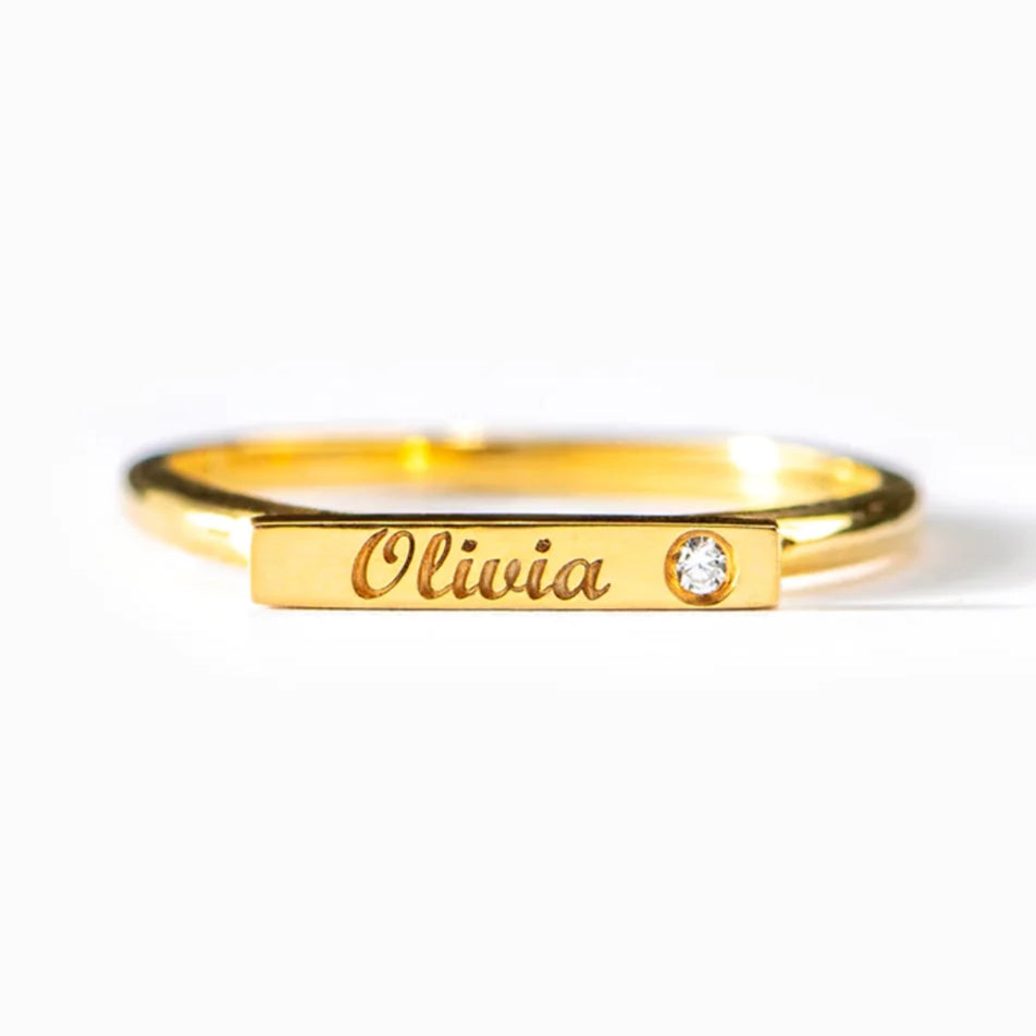 Minimalist Personalized Bar Ring – Custom Name Engraving with Birthstone (Women’s) - Promise Rings