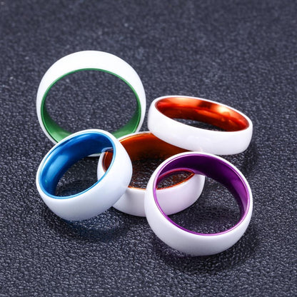 8mm White Ceramic & Blue Polished Anodised Aluminum Unisex Ring (5 Other Colors)