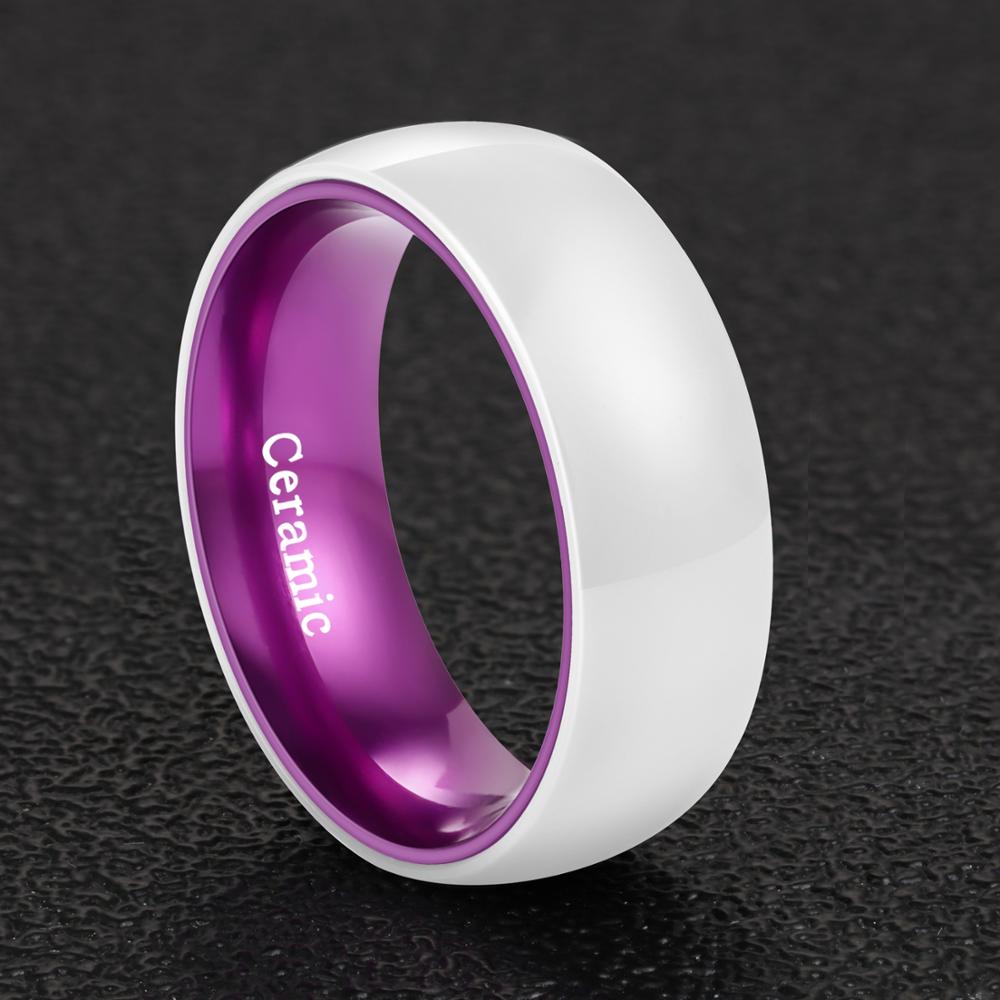 8mm White Ceramic & Purple Polished Anodised Aluminum Unisex Ring (5 Other Colors)