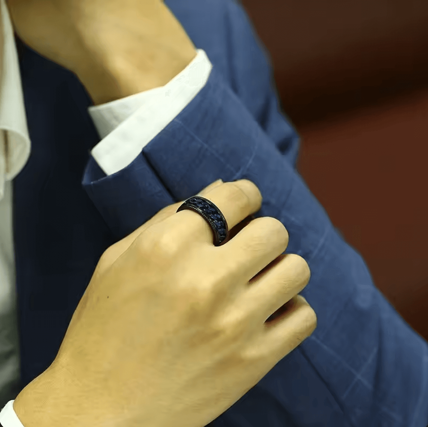 8mm Blue Black Stainless Steel Rotatable Spinner Mens Ring