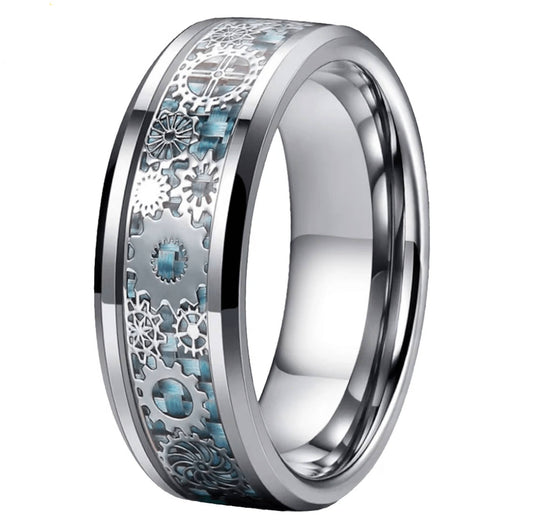 Men's Mechanical Gear Ring — 6mm, 8mm Silver Tungsten with Blue Carbon Fiber