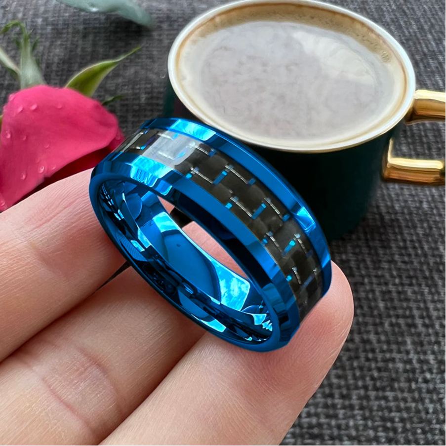 6mm, 8mm Blue Tungsten Ring – Blue Carbon Fiber Inlay (Men’s) - Promise Rings