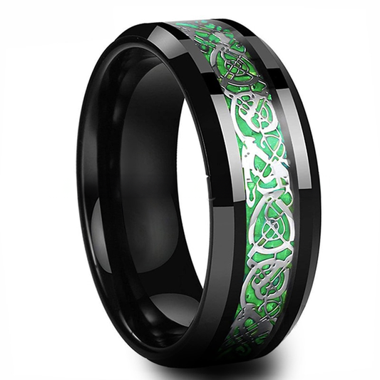 8mm Celtic Dragon Green Carbon Fibre Black Men's Ring