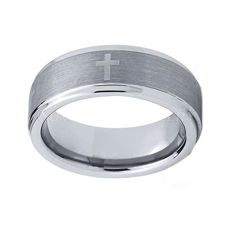8mm Christian Religious Cross TungstenSilver Men's Ring