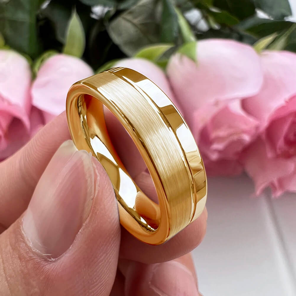 6mm & 8mm Gold Color Offset Groove Two Tone Tungsten Unisex Rings