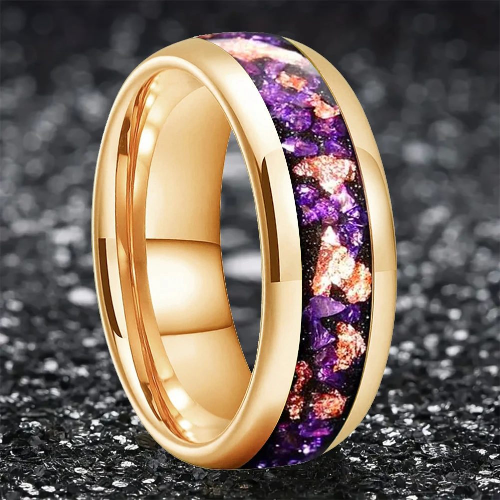 8mm Amethyst Gold Stone Tungsten Unisex Ring (4 Colors)
