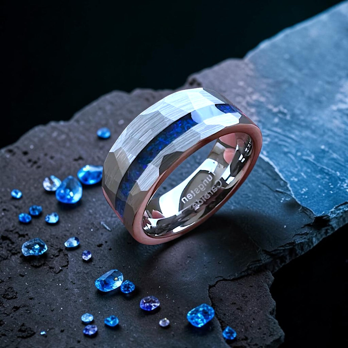 8mm Tungsten Inlay Ring – Hammered Silver with Offset Crushed Blue Opal (Men’s)