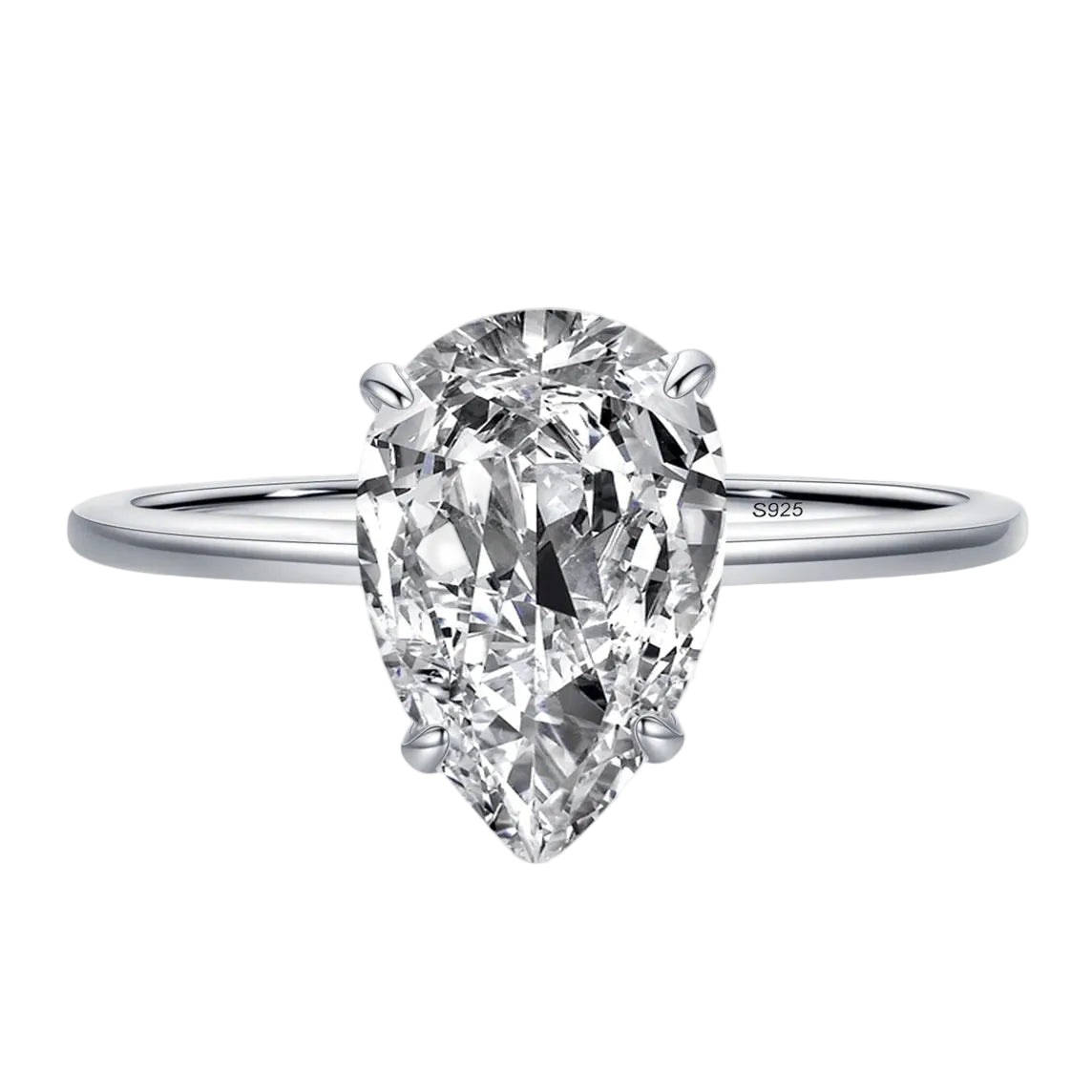A pear-cut cubic zirconia engagement ring in a silver-toned band